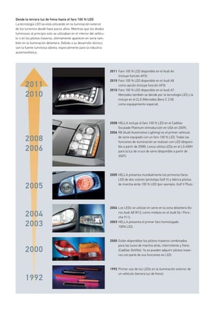 Desde la tercera luz de freno hasta el faro 100 % LED
La tecnología LED se está utilizando en la iluminación exterior
de los turismos desde hace pocos años. Mientras que los diodos
luminosos al principio solo se utilizaban en el interior del vehícu-
lo o en los pilotos traseros, últimamente aparecen en serie tam-
bién en la iluminación delantera. Debido a su desarrollo técnico,
son la fuente luminosa idónea, especialmente para la industria
automovilística.
2005 HELLA presenta mundialmente los primeros faros
LED de dos colores (prototipo Golf V) y fabrica pilotos
de marcha atrás 100 % LED (por ejemplo: Golf V Plus).
2004 Los LEDs se utilizan en serie en la zona delantera (fa-
ros Audi A8 W12; como módulo en el Audi S6 / Pors-
che 911).
2003 HELLA presenta el primer faro homologado
100% LED.
2008
2006
2005
2004
2003
2000
1992
2000 Están disponibles los pilotos traseros combinados
para las luces de marcha atrás, intermitente y freno
(Cadillac DeVille). Ya se pueden adquirir pilotos trase-
ros con parte de sus funciones en LED.
2008 HELLA incluye el faro 100 % LED en el Cadillac
Escalade Platinum (introducción en USA en 2009).
2006 R8 (Audi/Automotive Lighting) es el primer vehículo
de serie equipado con un faro 100 % LED. Todas las
funciones de iluminación se realizan con LED (disponi-
ble a partir de 2008). Lexus utiliza LEDs en el LS 600H
para la luz de cruce de serie (disponible a partir de
2007).
2011 Faro 100 % LED disponible en el Audi A6
(incluye función AFS)
2010 Faro 100 % LED disponible en el Audi A8
como opción (incluye función AFS)
2010 Faro 100 % LED disponible en el Audi A7.
Mercedes también se decide por la tecnología LED y la
incluye en el CLS (Mercedes Benz C 218)
como equipamiento especial.
1992 Primer uso de los LEDs en la iluminación exterior de
un vehículo (tercera luz de freno)
2011
2010
 