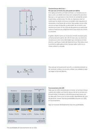 Características eléctricas –
Por qué una corriente muy alta puede ser dañina
Si se aplica corriente a un diodo luminoso, su resistencia se re-
duce a cero. Los diodos luminosos son componentes tan sensi-
bles que, si se superarara lo más mínimo la cantidad de corrien-
te permitida, se destruirían. Por ello, es imperativo tener en
cuenta que los diodos luminosos no pueden estar expuestos di-
rectamente a una fuente de corriente. Solo pueden unirse a ella
una vez se haya introducido un delimitador de corriente o una
resistencia en serie. En los LEDs de alta potencia se realiza este
control a través de una unidad electrónica que envía una corrien-
te constante.
El gráfico adjunto ilustra un circuito de corriente necesario para
un funcionamiento óptimo del LED. En este caso, se utiliza una
resistencia en serie como delimitador que controla la corriente
directa IF, que fluye a través del diodo luminoso. Para seleccionar
la resistencia adecuada, primero hay que saber cuál es la co-
rriente umbral UF utilizada.
Para calcular la resistencia en serie RV, se necesita la tensión to-
tal, la tensión umbral y la corriente umbral. Las unidades se apli-
can según la fórmula adjunta:
Funcionamiento del LED
Dado que los LEDs necesitan poca corriente, se iluminan incluso
cuando solo reciben una fracción (pocos mA) de la corriente um-
bral permitida. A menudo es suficiente para proporcionar una
luz adecuada. Como ya se ha mencionado, dependiendo del caso
de aplicación, existen diversas posibilidades de poner los LEDs
en funcionamiento.
Aquí se muestran detalladamente estas tres posibilidades.
Tres posibilidades de funcionamiento de los LEDs
LED
RV
UR
Uges
UF
IF
Uges – UF
RV =
IF
Resistencia
Pérdidas ~ 50-60 %
Aplicaciones
de baja potencia
Aplicaciones
de alta potencia
Pérdidas ~ 40-50 % Pérdidas ~ 10-20 %
Corriente de contacto
I = const.
Transformador DC/
DC
Entrada de
corriente
Entrada de
corriente
Entrada de
corriente
 