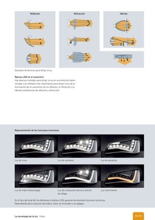 En el faro del Audi A8, los diferentes módulos LEDs generan las distintas funciones lumínicas.
Dependiendo de la situación del tráfico, éstos se encienden o se apagan.
Luz de cruce
Luz de mala meteorología
Luz de carretera
Luz de conducción diurna y función
de ráfaga
Luz de autopista
Luz intermitente
Representación de las funciones luminosas
Ejemplos de técnicas para dirigir la luz
Reflexión Refracción Híbrido
Ópticas LED en el automóvil
Hay diversos métodos para dirigir la luz en una dirección deter-
minada. Los métodos más importantes para dirigir la luz de la
iluminación de un automóvil son la reflexión, la refracción y la
híbrida (combinación de reflexión y refracción).
| 53La tecnología de la luz Faros 52
 