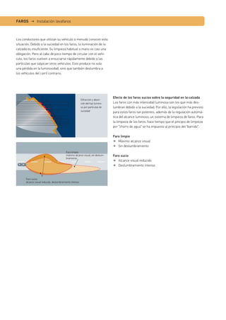 FAROS → Instalación lavafaros
Los conductores que utilizan su vehículo a menudo conocen esta
situación. Debido a la suciedad en los faros, la iluminación de la
calzada es insuficiente. Su limpieza habitual a mano es casi una
obligación. Pero al cabo de poco tiempo de circular con el vehí-
culo, los faros vuelven a ensuciarse rápidamente debido a las
partículas que salpican otros vehículos. Esto produce no solo
una pérdida en la luminosidad, sino que también deslumbra a
los vehículos del carril contrario.
Efecto de los faros sucios sobre la seguridad en la calzada
Los faros con más intensidad luminosa son los que más des-
lumbran debido a la suciedad. Por ello, la legislación ha previsto
para estos faros tan potentes, además de la regulación automá-
tica del alcance luminoso, un sistema de limpieza de faros. Para
la limpieza de los faros, hace tiempo que el pincipio de limpieza
por “chorro de agua” se ha impuesto al principio del “barrido”.
Faro limpio
Máximo alcance visual
Sin deslumbramiento
Faro sucio
Alcance visual reducido
Deslumbramiento intenso
Faro limpio:
máximo alcance visual, sin deslum-
bramiento
Faro sucio:
alcance visual reducido, deslumbramiento intenso
Difracción y absor-
ción del haz lumino-
so por partículas de
suciedad
 