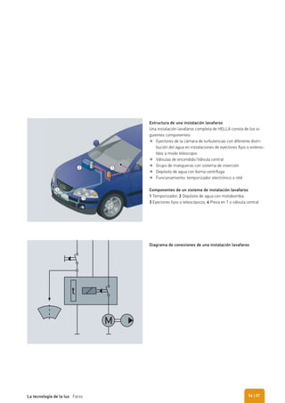 Estructura de una instalación lavafaros
Una instalación lavafaros completa de HELLA consta de los si-
guientes componentes:
Eyectores de la cámara de turbulencias con diferente distri-
bución del agua en instalaciones de eyectores ﬁjos o extensi-
bles a modo telescopio
Válvulas de encendido/Válvula central
Grupo de mangueras con sistema de inserción
Depósito de agua con boma centrífuga
Funcionamiento: temporizador electrónico o relé
Componentes de un sistema de instalación lavafaros
1 Temporizador, 2 Depósito de agua con motobomba,
3 Eyectores fijos o telescópicos, 4 Pieza en T o válvula central
Diagrama de conexiones de una instalación lavafaros
12
3
4
t
M
| 57La tecnología de la luz Faros 56
 