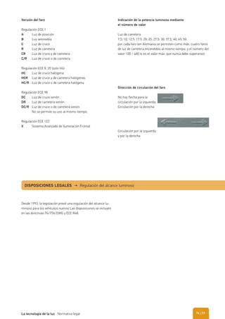 Versión del faro
Regulación ECE 1
A Luz de posición
B Luz antiniebla
C Luz de cruce
R Luz de carretera
CR Luz de cruce y de carretera
C/R Luz de cruce o de carretera
Regulación ECE 8, 20 (solo H4)
HC Luz de cruce halógena
HCR Luz de cruce y de carretera halógenas
HC/R Luz de cruce o de carretera halógena
Regulación ECE 98
DC Luz de cruce xenón
DR Luz de carretera xenón
DC/R Luz de cruce o de carretera xenón
No se permite su uso al mismo tiempo.
Regulación ECE 123
X Sistema Avanzado de iluminación Frontal
Indicación de la potencia luminosa mediante
el número de valor
Luz de carretera
7,5; 10; 12,5; 17,5; 20; 25; 27,5; 30; 37,5; 40; 45; 50
por cada faro (en Alemania se permiten como máx. cuatro faros
de luz de carretera encendidos al mismo tiempo, y el número del
valor 100 / 480 lx es el valor máx. que nunca debe superarse).
Desde 1993, la legislación prevé una regulación del alcance lu-
minoso para los vehículos nuevos Las disposiciones se incluyen
en las directivas 76/756/EWG y ECE R48.
Dirección de circulación del faro
No hay flecha para la
circulación por la izquierda:
Circulación por la derecha
Circulación por la izquierda
y por la derecha
DISPOSICIONES LEGALES → Regulación del alcance luminoso
| 77La tecnología de la luz Normativa legal 76
 
