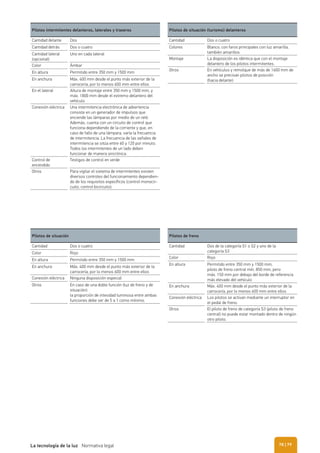 Pilotos intermitentes delanteros, laterales y traseros
Cantidad delante Dos
Cantidad detrás Dos o cuatro
Cantidad lateral
(opcional)
Uno en cada lateral
Color Ámbar
En altura Permitido entre 350 mm y 1500 mm
En anchura Máx. 400 mm desde el punto más exterior de la
carrocería, por lo menos 600 mm entre ellos
En el lateral Altura de montaje entre 350 mm y 1500 mm, y
máx. 1800 mm desde el extremo delantero del
vehículo
Conexión eléctrica Una intermitencia electrónica de advertencia
consiste en un generador de impulsos que
enciende las lámparas por medio de un relé.
Además, cuenta con un circuito de control que
funciona dependiendo de la corriente y que, en
caso de fallo de una lámpara, varía la frecuencia
de intermitencia. La frecuencia de las señales de
intermitencia se sitúa entre 60 y 120 por minuto.
Todos los intermitentes de un lado deben
funcionar de manera sincrónica.
Control de
encendido
Testigos de control en verde
Otros Para vigilar el sistema de intermitentes existen
diversos controles del funcionamiento dependien-
do de los requisitos específicos (control monocir-
cuito, control bicircuito).
Pilotos de situación (turismo) delanteros
Cantidad Dos o cuatro
Colores Blanco; con faros principales con luz amarilla,
también amarillos
Montaje La disposición es idéntica que con el montaje
delantero de los pilotos intermitentes.
Otros En vehículos y remolque de más de 1600 mm de
ancho se precisan pilotos de posición
(hacia delante)
Pilotos de situación
Cantidad Dos o cuatro
Color Rojo
En altura Permitido entre 350 mm y 1500 mm
En anchura Máx. 400 mm desde el punto más exterior de la
carrocería, por lo menos 600 mm entre ellos
Conexión eléctrica Ninguna disposición especial
Otros En caso de una doble función (luz de freno y de
situación)
la proporción de intesidad luminosa entre ambas
funciones debe ser de 5 a 1 como mínimo.
Pilotos de freno
Cantidad Dos de la categoría S1 o S2 y uno de la
categoría S3
Color Rojo
En altura Permitido entre 350 mm y 1500 mm,
piloto de freno central mín. 850 mm, pero
máx. 150 mm por debajo del borde de referencia
más elevado del vehículo
En anchura Máx. 400 mm desde el punto más exterior de la
carrocería, por lo menos 600 mm entre ellos
Conexión eléctrica Los pilotos se activan mediante un interruptor en
el pedal de freno.
Otros El piloto de freno de categoría S3 (piloto de freno
central) no puede estar montado dentro de ningún
otro piloto.
| 79La tecnología de la luz Normativa legal 78
 