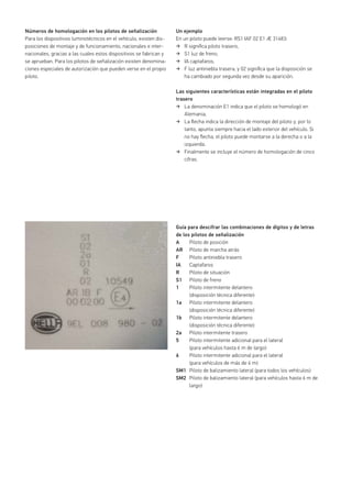 Un ejemplo
En un piloto puede leerse: RS1 IAF 02 E1 Æ 31483:
R signiﬁca piloto trasero,
S1 luz de freno,
IA captafaros,
F luz antiniebla trasera, y 02 signiﬁca que la disposición se
ha cambiado por segunda vez desde su aparición.
Las siguientes características están integradas en el piloto
trasero
La denominación E1 indica que el piloto se homologó en
Alemania.
La ﬂecha indica la dirección de montaje del piloto y, por lo
tanto, apunta siempre hacia el lado exterior del vehículo. Si
no hay ﬂecha, el piloto puede montarse a la derecha o a la
izquierda.
Finalmente se incluye el número de homologación de cinco
cifras.
Guía para descifrar las combinaciones de dígitos y de letras
de los pilotos de señalización
A Piloto de posición
AR Piloto de marcha atrás
F Piloto antiniebla trasero
IA Captafaros
R Piloto de situación
S1 Piloto de freno
1 Piloto intermitente delantero
(disposición técnica diferente)
1a Piloto intermitente delantero
(disposición técnica diferente)
1b Piloto intermitente delantero
(disposición técnica diferente)
2a Piloto intermitente trasero
5 Piloto intermitente adicional para el lateral
(para vehículos hasta 6 m de largo)
6 Piloto intermitente adicional para el lateral
(para vehículos de más de 6 m)
SM1 Piloto de balizamiento lateral (para todos los vehículos)
SM2 Piloto de balizamiento lateral (para vehículos hasta 6 m de
largo)
Números de homologación en los pilotos de señalización
Para los dispositivos luminotécnicos en el vehículo, existen dis-
posiciones de montaje y de funcionamiento, nacionales e inter-
nacionales, gracias a las cuales estos dispositivos se fabrican y
se aprueban. Para los pilotos de señalización existen denomina-
ciones especiales de autorización que pueden verse en el propio
piloto.
 