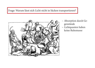 –– Absorption durch Ge-
genstände
–– Lichtquanten haben
keine Ruhemasse
Frage: Warum lässt sich Licht nicht in Säcken transportieren?
 