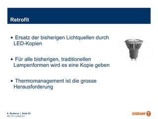 Retrofit Ersatz der bisherigen Lichtquellen durch LED-Kopien Für alle bisherigen, traditionellen Lampenformen wird es eine Kopie geben Thermomanagement ist die grosse Herausforderung 