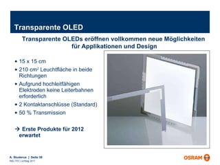 Transparente OLED 15 x 15 cm 210 cm 2  Leuchtfläche in beide Richtungen Aufgrund hochleitfähigen Elektroden keine Leiterbahnen erforderlich 2 Kontaktanschlüsse (Standard) 50 % Transmission    Erste Produkte für 2012 erwartet Transparente OLEDs eröffnen vollkommen neue Möglichkeiten  für Applikationen und Design 