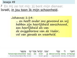 Jesaja 49
3 En Hij zei tot mij: jij bent mijn dienaar.
Israël, in jou toon Ik mijn schoonheid.
Johannes 1:14:
... en heeft onder ons gewoond en wij
hebben zijn heerlijkheid aanschouwd,
een heerlijkheid als van
de eniggeborene van de Vader,
vol van genade en waarheid.
 