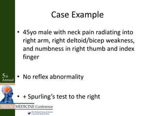 Case Example
• 45yo male with neck pain radiating into
right arm, right deltoid/bicep weakness,
and numbness in right thumb and index
finger
• No reflex abnormality
• + Spurling’s test to the right
 