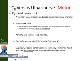 C8 versus Ulnar nerve- Motor
• C8 spinal nerve root
– Present in ulnar, median, and radial peripheral nerve branches
– Myotome based
• Weakness in muscles of one spinal root but multiple peripheral nerve
branches, so usually partial or incomplete
– Atrophy rare (unless long-standing)
– Fasciculations rare (visible “motion” of muscle)
– C8 palsy will cause some weakness in nearly all intrinsic hand
muscles, including those innervated by median nerve
 