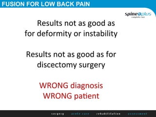FUSION FOR LOW BACK PAIN
	
   	
  Results	
  not	
  as	
  good	
  as	
  
for	
  deformity	
  or	
  instability	
  
	
  
Results	
  not	
  as	
  good	
  as	
  for	
  
discectomy	
  surgery	
  
	
  
WRONG	
  diagnosis	
  
WRONG	
  paHent	
  
 