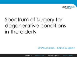 Spectrum of surgery for
degenerative conditions
in the elderly
Dr Paul Licina – Spine Surgeon
 