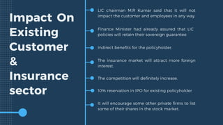 Impact On
Existing
Customer
&
Insurance
sector
LIC chairman M.R Kumar said that it will not
impact the customer and employees in any way.
Finance Minister had already assured that LIC
policies will retain their sovereign guarantee
Indirect benefits for the policyholder.
The insurance market will attract more foreign
interest.
It will encourage some other private firms to list
some of their shares in the stock market.
The competition will definitely increase.
10% reservation in IPO for existing policyholder
 