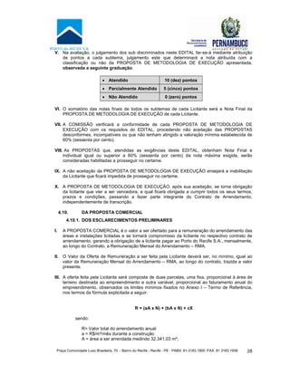 Praça Comunidade Luso Brasileira, 70 - Bairro do Recife - Recife - PE · PABX: 81-3183.1900 ·FAX: 81 3183.1936 28
V. Na avaliação, o julgamento dos sub discriminados neste EDITAL far-se-á mediante atribuição
de pontos a cada subtema, julgamento este que determinará a nota atribuída com a
classificação ou não da PROPOSTA DE METODOLOGIA DE EXECUÇÃO apresentada,
observada a seguinte graduação:
• Atendido 10 (dez) pontos
• Parcialmente Atendido 5 (cinco) pontos
• Não Atendido 0 (zero) pontos
VI. O somatório das notas finais de todos os subtemas de cada Licitante será a Nota Final da
PROPOSTA DE METODOLOGIA DE EXECUÇÃO de cada Licitante.
VII. A COMISSÃO verificará a conformidade de cada PROPOSTA DE METODOLOGIA DE
EXECUÇÃO com os requisitos do EDITAL, procedendo não aceitação das PROPOSTAS
desconformes, incompatíveis ou que não tenham atingido a valoração mínima estabelecida de
60% (sessenta por cento).
VIII. As PROPOSTAS que, atendidas as exigências deste EDITAL, obtenham Nota Final e
Individual igual ou superior a 60% (sessenta por cento) da nota máxima exigida, serão
consideradas habilitadas a prosseguir no certame.
IX. A não aceitação da PROPOSTA DE METODOLOGIA DE EXECUÇÃO ensejará a inabilitação
da Licitante que ficará impedida de prosseguir no certame.
X. A PROPOSTA DE METODOLOGIA DE EXECUÇÃO, após sua aceitação, se torna obrigação
da licitante que vier a ser vencedora, a qual ficará obrigada a cumprir todos os seus termos,
prazos e condições, passando a fazer parte integrante do Contrato de Arrendamento,
independentemente de transcrição.
4.10. DA PROPOSTA COMERCIAL
4.10.1. DOS ESCLARECIMENTOS PRELIMINARES
I. A PROPOSTA COMERCIAL é o valor a ser ofertado para a remuneração do arrendamento das
áreas e instalações licitadas e se tornará compromisso da licitante no respectivo contrato de
arrendamento, gerando a obrigação de a licitante pagar ao Porto do Recife S.A., mensalmente,
ao longo do Contrato, a Remuneração Mensal do Arrendamento – RMA.
II. O Valor da Oferta de Remuneração a ser feita pela Licitante deverá ser, no mínimo, igual ao
valor da Remuneração Mensal do Arrendamento – RMA, ao longo do contrato, trazida a valor
presente.
III. A oferta feita pela Licitante será composta de duas parcelas, uma fixa, proporcional à área de
terreno destinada ao empreendimento e outra variável, proporcional ao faturamento anual do
empreendimento, observados os limites mínimos fixados no Anexo I – Termo de Referência,
nos termos da fórmula explicitada a seguir:
R = (aA x N) + (bA x N) + cX
sendo:
R= Valor total do arrendamento anual
a = R$/m²/mês durante a construção
A = área a ser arrendada medindo 32.341,03 m²;
 