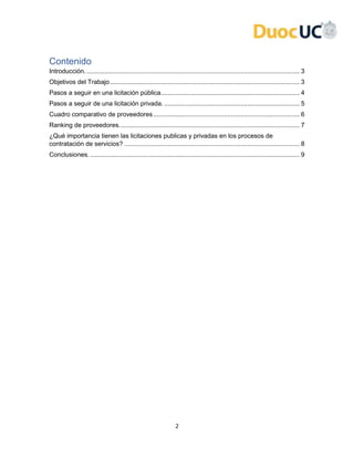 2
Contenido
Introducción....................................................................................................................... 3
Objetivos del Trabajo......................................................................................................... 3
Pasos a seguir en una licitación pública............................................................................. 4
Pasos a seguir de una licitación privada. ........................................................................... 5
Cuadro comparativo de proveedores................................................................................. 6
Ranking de proveedores.................................................................................................... 7
¿Qué importancia tienen las licitaciones publicas y privadas en los procesos de
contratación de servicios? ................................................................................................. 8
Conclusiones. .................................................................................................................... 9
 