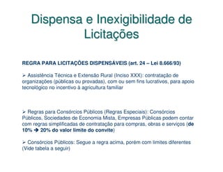 Dispensa e Inexigibilidade de
           Licitações

REGRA PARA LICITAÇÕES DISPENSÁVEIS (art. 24 – Lei 8.666/93)

  Assistência Técnica e Extensão Rural (Inciso XXX): contratação de
organizações (públicas ou provadas), com ou sem fins lucrativos, para apoio
tecnológico no incentivo à agricultura familiar



  Regras para Consórcios Públicos (Regras Especiais): Consórcios
Públicos, Sociedades de Economia Mista, Empresas Públicas podem contar
com regras simplificadas de contratação para compras, obras e serviços (de
10%     20% do valor limite do convite)

  Consórcios Públicos: Segue a regra acima, porém com limites diferentes
(Vide tabela a seguir)
 