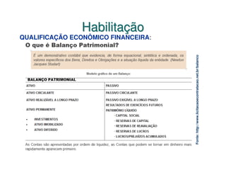 Habilitação
                                                         QUALIFICAÇÃO ECONÔMICO FINANCEIRA:




Fonte: http://www.licitacaoecontratacao.net.br/balanco
 