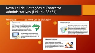 Nova Lei de Licitações e Contratos
Administrativos (Lei 14.133/21)
Principais pontos da nova Lei de Licitação
1 2
3
 