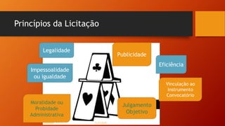 Princípios da Licitação
Legalidade
Impessoalidade
ou igualdade
Moralidade ou
Probidade
Administrativa
Publicidade
Eficiência
Vinculação ao
Instrumento
Convocatório
Julgamento
Objetivo
Esta Foto de Autor Desconhecido está licenciado em CC BY-SA-NC
 