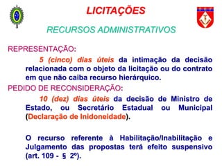 REPRESENTAÇÃO:
5 (cinco) dias úteis da intimação da decisão
relacionada com o objeto da licitação ou do contrato
em que não caiba recurso hierárquico.
PEDIDO DE RECONSIDERAÇÃO:
10 (dez) dias úteis da decisão de Ministro de
Estado, ou Secretário Estadual ou Municipal
(Declaração de Inidoneidade).
O recurso referente à Habilitação/Inabilitação e
Julgamento das propostas terá efeito suspensivo
(art. 109 - § 2º).
LICITAÇÕES
RECURSOS ADMINISTRATIVOS
 
