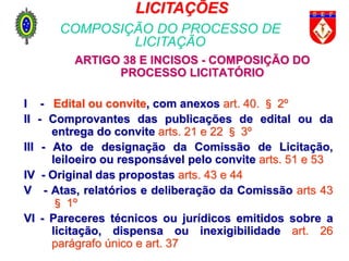 ARTIGO 38 E INCISOS - COMPOSIÇÃO DO
PROCESSO LICITATÓRIO
I - Edital ou convite, com anexos art. 40. § 2º
II - Comprovantes das publicações de edital ou da
entrega do convite arts. 21 e 22 § 3º
III - Ato de designação da Comissão de Licitação,
leiloeiro ou responsável pelo convite arts. 51 e 53
IV - Original das propostas arts. 43 e 44
V - Atas, relatórios e deliberação da Comissão arts 43
§ 1º
VI - Pareceres técnicos ou jurídicos emitidos sobre a
licitação, dispensa ou inexigibilidade art. 26
parágrafo único e art. 37
LICITAÇÕES
COMPOSIÇÃO DO PROCESSO DE
LICITAÇÃO
 