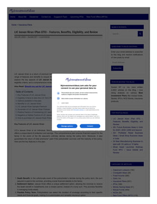 Home » Insurance Plans
LIC Jeevan Kiran (Plan 870) – Features, Benefits, Eligibility, and Review
July 28, 2023 | Suresh KP | 3 comments
LIC Jeevan Kiran is a return of premium term insurance plan introduced by LIC of India now. It offers a
range of features and benefits to ensure financial security for policyholders and their loved ones. Let’s
explore the key aspects of LIC Jeevan Kiran Plan No 870, including its notable features, benefits,
eligibility criteria, and a comprehensive review of this plan UIN: 512N353V01.
Also Read: Should you opt for LIC Jeevan Azad Plan No 868?
Key Features of LIC Jeevan Kiran
LIC’s Jeevan Kiran is an Individual, Non-Linked, Non-Participating, Savings, Life Insurance plan that
offers a unique blend of protection and savings. This comprehensive plan ensures financial support for the
family in the event of the life assured’s untimely demise during the policy term. Moreover, it also
guarantees the return of total premiums* paid if the policyholder survives until the maturity of the policy.
Here are the key features in this plan.
1. Death Benefit: In the unfortunate event of the policyholder’s demise during the policy term, the sum
assured is paid to the nominee, providing crucial financial stability to the family.
2. Settlement Option: Jeevan Kiran offers a unique settlement option, allowing the nominee to receive
the death benefit in installments over a chosen period, instead of a lump sum. This provides flexibility
in managing funds wisely.
3. Flexible Policy Term: Policyholders can select the duration of coverage according to their specific
needs and financial goals, making it a customizable and versatile insurance option.
SEARCH IN POSTS
Search …
SUBSCRIBE TO BLOG VIA EMAIL
Enter your email address to subscribe
to this blog and receive notifications
of new posts by email.
Email Address
Subscribe
PERSON BEHIND THIS BLOG
Suresh KP i.e. me, have written
2,200+ articles on this Blog. I love
doing analysis on various Best
Investment Plans like mutual funds,
Stocks, IPO’s, NCD Bonds, Insurance
products.
TOP POSTS & PAGES
LIC Jeevan Kiran (Plan 870) –
Features, Benefits, Eligibility, and
Review
30+ Future Business Ideas in India
for 2025 | 2030 | 2050 and beyond
30+ Profitable Retail Business
Ideas | Small Shop Business Ideas
in India
30 Best Manufacturing Business to
start with 10 Lakhs or 15 lakhs
Mirae Asset Launches Multicap
Fund NFO – Issue Details and
Review
CATEGORY OF ARTICLES
Classroom Lessons (183)
Crorepathi Ideas (26)
Fixed Income (385)
Gold (14)
Insurance Plans (251)
IPOs (168)
Money Saving Ideas (41)
Mutual Funds (404)
NCDs (56)
New Fund Offers (NFO) (119)
Home About Me Disclaimer Contact Us Suggest A Topic Upcoming IPOs New Fund Offers (NFOs)
Table of Contents
1. Key Features of LIC Jeevan Kiran
2. Eligibility Criteria to take this LIC Term Plan
3. Options available in this plan
4. Benefits in LIC Jeevan Kiran
5. LIC Jeevan Kiran Sample Premium
6. Surrender of LIC Jeevan Kiran Policies
7. Positive Factors of Considering LIC Jeevan Kiran
8. Negative or Hidden Factors of LIC Jeevan Kiran
9. How to purchase LIC Jeevan Kiran Policy?
Myinvestmentideas.com asks for your
consent to use your personal data to:
perm_identity
Personalised ads and content, ad and content measurement,
audience insights and product development
devices Store and/or access information on a device
expand_more Learn more
Your personal data will be processed and information from your device
(cookies, unique identifiers, and other device data) may be stored by,
accessed by and shared with third party vendors, or used specifically by this
site or app.
Some vendors may process your personal data on the basis of legitimate
interest, which you can object to by managing your options below. Look for a
link at the bottom of this page or in our privacy policy where you can withdraw
consent.
Consent
Manage options
 