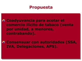 Propuesta


Coadyuvancia para acotar el
Coadyuvancia para acotar el
comercio ilícito de tabaco (venta
comercio ilícito de tabaco (venta
por unidad, a menores,
por unidad, a menores,
contrabando).
contrabando).

Consensuar con autoridades (SSA,
Consensuar con autoridades (SSA,
IVA, Delegaciones, APS).
IVA, Delegaciones, APS).
 
