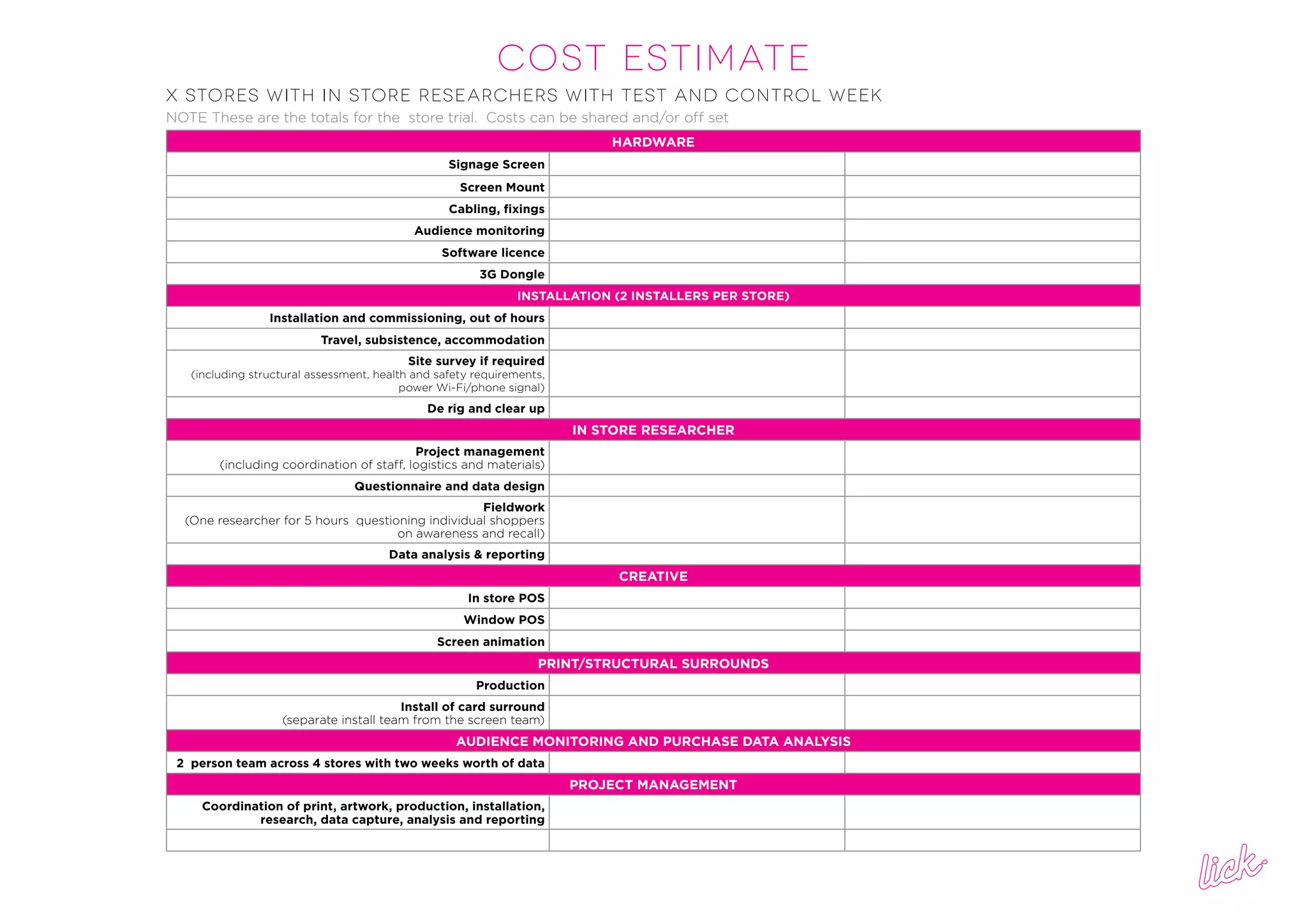 COST ESTIMATe
HARDWARE
Signage Screen
Screen Mount
Cabling, fixings
Audience monitoring
Software licence
3G Dongle
INSTALLATION (2 INSTALLERS PER STORE)
Installation and commissioning, out of hours
Travel, subsistence, accommodation
Site survey if required
(including structural assessment, health and safety requirements,
power Wi-Fi/phone signal)
De rig and clear up
IN STORE RESEARCHER
Project management
(including coordination of staff, logistics and materials)
Questionnaire and data design
Fieldwork
(One researcher for 5 hours questioning individual shoppers
on awareness and recall)
Data analysis & reporting
CREATIVE
In store POS
Window POS
Screen animation
PRINT/STRUCTURAL SURROUNDS
Production
Install of card surround
(separate install team from the screen team)
AUDIENCE MONITORING AND PURCHASE DATA ANALYSIS
2 person team across 4 stores with two weeks worth of data
PROJECT MANAGEMENT
Coordination of print, artwork, production, installation,
research, data capture, analysis and reporting
X STORES WITH IN STORE RESEARCHERS WITH TEST AND CONTROL WEEK		
NOTE These are the totals for the store trial. Costs can be shared and/or off set
 
