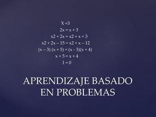 X =3 
2x = x + 3 
x2 + 2x = x2 + x + 3 
x2 + 2x – 15 = x2 + x – 12 
(x – 3) (x + 5) = (x - 3)(x + 4) 
x + 5 = x + 4 
1 = 0 
APRENDIZAJE BASADO 
EN PROBLEMAS 
 