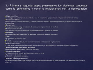 1.- Primera y segunda etapa: presentamos los siguientes conceptos 
como lo entendimos y como lo relacionamos con la demostración. 
a. Lógica aristotélica: 
Es una lógica para realizar o resolver un método a base de herramientas que construye investigaciones racionalmente válidas. 
b. Geometría euclidiana: 
Ciencia o estudio que procede al realismo y al método matemático según sus propiedades geométricas y su espacio real (vectorial) en 
dimensión finita. 
c. Demostración: 
Prueba para certificar que algo es verdadero. Se relaciona con el procedimiento del resultado. 
d. Demostración matemática: 
Tener una conclusión para una afirmación. Se relaciona mostrando el resultado del problema. 
e. Argumento: 
Hecho para mostrar algo que es cierto. Se relaciona al momento que resuelves el problema. 
f. Falaz: 
Algo que parece cierto pero no lo es. 
g. Sofista: 
Es aquel que enseña su sabiduría pero con mentiras en pocas palabras enseña engañosamente. 
h. Deducción inducción: 
Es ir más allá de lo evidente de lo particular a lo general. Deducción Ir de lo complejo a lo Simple y de lo general a lo particular. 
i. Afirmación desde el punto de vista de la lógica: 
manifestación social respecto a una creencia de toda razón. 
j. Afirmación matemática: 
es una prueba evidente de duda que se puede afirmar que es cierta. 
k. Operaciones algebraicas básicas: 
Operaciones y agrupaciones de símbolos. 
l. Productos notables y factorización: 
Son aquellos productos que surgen por reglas fijas y cuyo resultado puede fallarse por simple inspección. Este se relaciona con (x-3)(x+5) = 
(x-3)(x+4) 
 