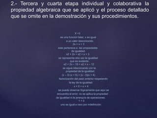 2.- Tercera y cuarta etapa individual y colaborativa la 
propiedad algebraica que se aplicó y el proceso detallado 
que se omite en la demostración y sus procedimientos. 
X =3 
es una función falaz, x es igual 
a un valor desconocido. 
2x = x + 3 
este pertenece a las propiedades 
de igualdad. 
x2 + 2x = x2 + x + 3 
se representa otra vez la igualdad 
que es evidente. 
x2 + 2x – 15 = x2 + x – 12 
se sigue relacionando con la 
propiedad de la igualdad. 
(x – 3) (x + 5) = (x - 3)(x + 4) 
factorización del paso anterior respetando 
la ley de la igualdad. 
x + 5 = x + 4 
se puede observar lógicamente que aquí se 
encuentra el error, no se aplica la propiedad 
de igualdad ni la jerarquía de operaciones. 
1 = 0 
uno es igual a cero por indefinición. 
 
