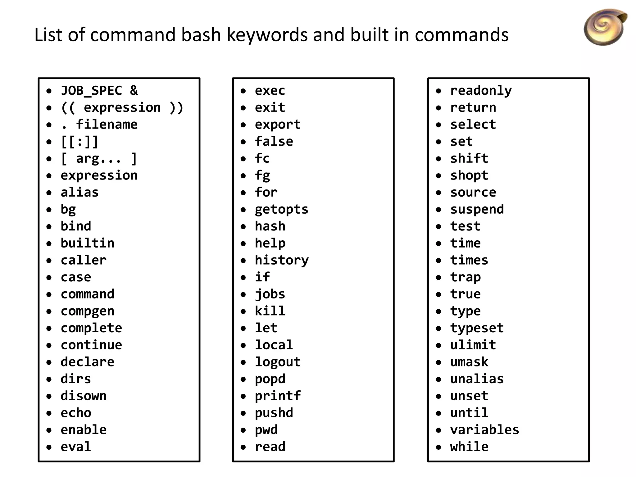 List of command bash keywords and built in commands
• JOB_SPEC &
• (( expression ))
• . filename
• [[:]]
• [ arg... ]
• expression
• alias
• bg
• bind
• builtin
• caller
• case
• command
• compgen
• complete
• continue
• declare
• dirs
• disown
• echo
• enable
• eval
• exec
• exit
• export
• false
• fc
• fg
• for
• getopts
• hash
• help
• history
• if
• jobs
• kill
• let
• local
• logout
• popd
• printf
• pushd
• pwd
• read
• readonly
• return
• select
• set
• shift
• shopt
• source
• suspend
• test
• time
• times
• trap
• true
• type
• typeset
• ulimit
• umask
• unalias
• unset
• until
• variables
• while
 