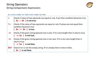 String Operators
String Comparisons Expressions
= Checks if value of two operands are equal or not, if yes then condition becomes true.
[ $a = $b ] is not true.
!= Checks if the value of two operands are equal or not, if values are not equal then
condition becomes true.
[ $a != $b ] is true.
-z Checks if the given string operand size is zero. If it is zero length then it returns true.
[ -z $a ] is not true.
-n Checks if the given string operand size is non-zero. If it is non-zero length then it
returns true.
[ -z $a ] is not false.
Str Check if str is not the empty string. If it is empty then it returns false.
[ $a ] is not false.
Ex. variable a holds “abc” and variable b holds “efg” then:
 
