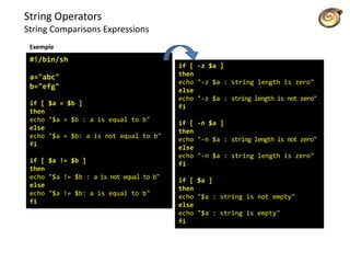 String Operators
String Comparisons Expressions
#!/bin/sh
a="abc"
b="efg"
if [ $a = $b ]
then
echo "$a = $b : a is equal to b"
else
echo "$a = $b: a is not equal to b"
fi
if [ $a != $b ]
then
echo "$a != $b : a is not equal to b"
else
echo "$a != $b: a is equal to b"
fi
Exemple
if [ -z $a ]
then
echo "-z $a : string length is zero"
else
echo "-z $a : string length is not zero"
fi
if [ -n $a ]
then
echo "-n $a : string length is not zero"
else
echo "-n $a : string length is zero"
fi
if [ $a ]
then
echo "$a : string is not empty"
else
echo "$a : string is empty"
fi
 