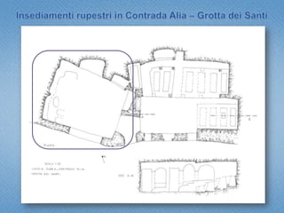 Insediamenti rupestri in Contrada Alia – Grotta dei Santiforma rettangolare (mt. 8,40 x 7; h. m. 2,60);