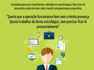 O próximo passo era transformar a WiseUp em uma franquia. Para isso, foi
necessário, antes de mais nada, investir em governança corporativa.
“Queria que a operação funcionasse bem sem a minha presença.
Queria trabalhar de forma estratégica, sem precisar ficar lá
presencialmente”
 