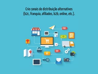 Crie canais de distribuição alternativos
(b2c, franquia, afiliados, b2b, online, etc.).
 