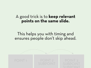 A good trick is to keep relevant
   points on the same slide.

 This helps you with timing and
ensures people don’t skip ahead.



POINT 1      POINT 2      POINT 3
            SUBPOINT     SUBPOINT
 