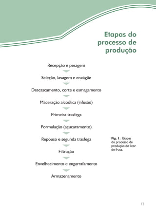 13
Etapas do
processo de
produção
Fig. 1. Etapas
do processo de
produção de licor
de fruta.
Recepção e pesagem
Seleção, lavagem e enxágüe
Descascamento, corte e esmagamento
Maceração alcoólica (infusão)
Primeira trasfega
Formulação (açucaramento)
Repouso e segunda trasfega
Filtração
Envelhecimento e engarrafamento
Armazenamento
 