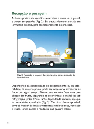 Recepção e pesagem
As frutas podem ser recebidas em caixas e sacos, ou a granel,
e devem ser pesadas (Fig. 2). Essa etapa deve ser anotada em
formulário próprio, para acompanhamento do processo.
Fig. 2. Recepção e pesagem da matéria-prima para a produção de
licor de frutas.
Dependendo da periodicidade do processamento ou da sazo-
nalidade da matéria-prima, pode ser necessário armazenar as
frutas por algum tempo. Nesse caso, convém fazer uma pré-
seleção das frutas, separando as deterioradas, e mantê-las sob
refrigeração (entre 5ºC e 12ºC, dependendo da fruta) até que
se possa iniciar a produção (Fig. 3). Caso isso não seja possível,
deve-se manter as frutas armazenadas em local seco, ventilado
e fresco, onde insetos e roedores não possam entrar.
14
 