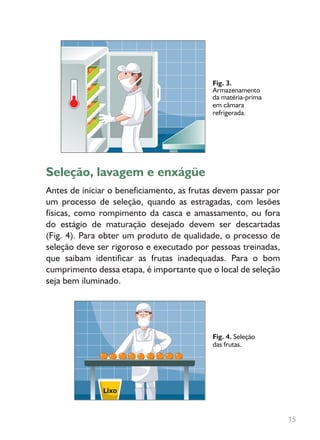 Seleção, lavagem e enxágüe
Antes de iniciar o beneficiamento, as frutas devem passar por
um processo de seleção, quando as estragadas, com lesões
físicas, como rompimento da casca e amassamento, ou fora
do estágio de maturação desejado devem ser descartadas
(Fig. 4). Para obter um produto de qualidade, o processo de
seleção deve ser rigoroso e executado por pessoas treinadas,
que saibam identificar as frutas inadequadas. Para o bom
cumprimento dessa etapa, é importante que o local de seleção
seja bem iluminado.
Fig. 3.
Armazenamento
da matéria-prima
em câmara
refrigerada.
Fig. 4. Seleção
das frutas.
15
 