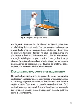 A solução de cloro deve ser trocada com freqüência, pelo menos
a cada 500 kg de fruta tratada. Essa troca deve-se ao fato de que
a ação do cloro contra microrganismos diminui em decorrência
do acúmulo de sujeira (detritos) na água e da própria evapora-
ção do cloro. Esse procedimento torna o descascamento ou a
trituração mais higiênicos, por reduzir a presença de microrga-
nismos. As frutas selecionadas e lavadas devem ser novamente
pesadas, antes do descascamento, devendo-se anotar os dados
obtidos para posterior cálculo de rendimento.
Descascamento, corte e esmagamento
Dependendodaespécie,asfrutaslavadasdevemserdescascadas,
cortadas em pedaços menores e esmagadas. O descascamento e
o corte (Fig. 7) podem ser feitos de forma manual ou mecânica,
dependendo da fruta a ser processada, devendo-se usar facas
ou lâminas de aço inoxidável. É aconselhável que a manipulação
das frutas seja feita em mesas limpas e com material higiênico,
como o aço inoxidável.
Fig. 6. Lavagem e enxágüe das frutas.
17
 