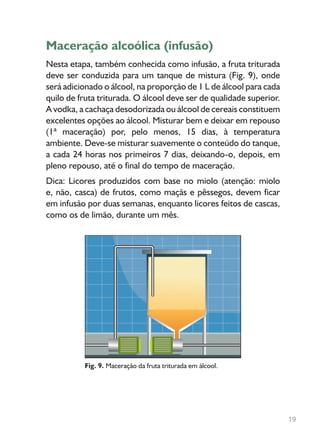 Maceração alcoólica (infusão)
Nesta etapa, também conhecida como infusão, a fruta triturada
deve ser conduzida para um tanque de mistura (Fig. 9), onde
será adicionado o álcool, na proporção de 1 L de álcool para cada
quilo de fruta triturada. O álcool deve ser de qualidade superior.
A vodka, a cachaça desodorizada ou álcool de cereais constituem
excelentes opções ao álcool. Misturar bem e deixar em repouso
(1ª maceração) por, pelo menos, 15 dias, à temperatura
ambiente. Deve-se misturar suavemente o conteúdo do tanque,
a cada 24 horas nos primeiros 7 dias, deixando-o, depois, em
pleno repouso, até o final do tempo de maceração.
Dica: Licores produzidos com base no miolo (atenção: miolo
e, não, casca) de frutos, como maçãs e pêssegos, devem ficar
em infusão por duas semanas, enquanto licores feitos de cascas,
como os de limão, durante um mês.
Fig. 9. Maceração da fruta triturada em álcool.
19
 