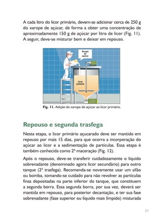 A cada litro do licor primário, devem-se adicionar cerca de 250 g
do xarope de açúcar, de forma a obter uma concentração de
aproximadamente 150 g de açúcar por litro de licor (Fig. 11).
A seguir, deve-se misturar bem e deixar em repouso.
Fig. 11. Adição do xarope de açúcar ao licor primário.
Repouso e segunda trasfega
Nesta etapa, o licor primário açucarado deve ser mantido em
repouso por mais 15 dias, para que ocorra a incorporação do
açúcar ao licor e a sedimentação de partículas. Essa etapa é
também conhecida como 2ª maceração (Fig. 12).
Após o repouso, deve-se transferir cuidadosamente o líquido
sobrenadante (denominado agora licor secundário) para outro
tanque (2ª trasfega). Recomenda-se novamente usar um sifão
ou bomba, tomando-se cuidado para não revolver as partículas
finas depositadas na parte inferior do tanque, que constituem
a segunda borra. Essa segunda borra, por sua vez, deverá ser
mantida em repouso, para posterior decantação, e ter sua fase
sobrenadante (fase superior ou líquido mais límpido) misturada
21
 