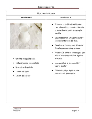 Licores caseros
Licor casero de coco
INGREDIENTES PREPARACION
• Un litro de aguardiente
• 150 gramos de coco rallado
• Una vaina de vainilla
• 125 ml de agua
• 125 ml de azúcar
• Toma un botellón de vidrio con
cierre hermético, donde colocarás
el aguardiente junto al coco y la
vainilla.
• Deja reposar en un lugar oscuro y
seco durante unos 15 días.
• Pasado ese tiempo, simplemente
filtra la preparación y reserva.
• Prepara un almíbar con el agua y el
azúcar hirviendo durante algunos
minutos.
• Incorpóralo a la preparación y
vuelve a colar.
• Embotella, deja reposar una
semana más y consume.
Chef Xavier
Instructor Página 28
 