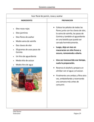 Licores caseros
licor floral de jazmín, rosas y azahar
INGREDIENTES PREPARACION
• Diez rosas rojas
• Diez jazmines
• Diez flores de azahar
• Media vaina de vainilla
• Dos clavos de olor
• 50 gramos de uvas pasas de
Corinto
• Un litro de aguardiente
• Medio kilo de azúcar
• Medio litro de agua
• Coloca los pétalos de todas las
flores junto con los clavos de olor,
la vaina de vainilla, las pasas de
Corinto y también el aguardiente
en una botella que pueda ser
cerrada herméticamente.
• Luego, deja un mes en
maceracion en sitio fresco y
oscuro, removiendo a diario.
• Una vez transcurrido ese tiempo,
cuela la preparación.
• Reserva el alcohol y prepara un
almíbar con el agua y el azúcar.
• Finalmente une ambos y filtra otra
vez, embotellando y reservando
una semana más antes de
consumir.
Chef Xavier
Instructor Página 29
 