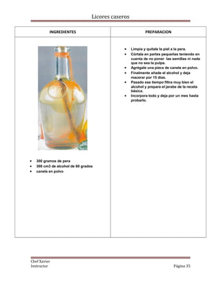 Licores caseros
INGREDIENTES PREPARACION
• 300 gramos de pera
• 300 cm3 de alcohol de 60 grados
• canela en polvo
• Limpia y quítale la piel a la pera.
• Córtala en partes pequeñas teniendo en
cuenta de no poner las semillas ni nada
que no sea la pulpa.
• Agrégale una pizca de canela en polvo.
• Finalmente añade el alcohol y deja
macerar por 15 días.
• Pasado ese tiempo filtra muy bien el
alcohol y prepara el jarabe de la receta
básica.
• Incorpora todo y deja por un mes hasta
probarlo.
Chef Xavier
Instructor Página 35
 
