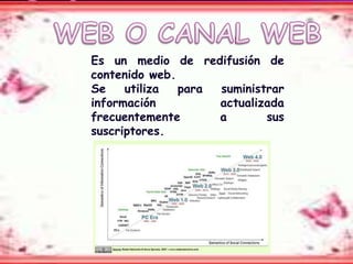 Es un medio de redifusión de
contenido web.
Se utiliza para suministrar
información actualizada
frecuentemente a sus
suscriptores.
