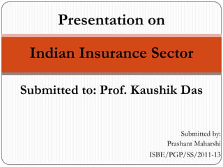 Presentation on

 Indian Insurance Sector

Submitted to: Prof. Kaushik Das


                              Submitted by:
                          Prashant Maharshi
                     ISBE/PGP/SS/2011-13
 