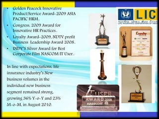 • Golden Peacock Innovative
Product/Service Award-2009 ASIA
PACIFIC HRM..
• Congress, 2009 Award for
Innovative HR Practices..
• Loyalty Award-2009, NDTV profit
Business Leadership Award 2008..
• INDY’S Silver Award for Best
Corporate Film NASCOM IT User..
In line with expectations, life
insurance industry’s New
business volumes in the
individual new business
segment remained strong,
growing 36% Y-o-Y and 23%
M-o-M, in August 2010.
 